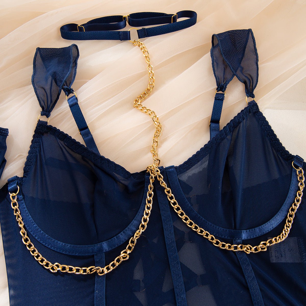 Pure desire cute perspective mesh skirt with chain halter neck with gloves four sets lingerie set - Negative Apparel