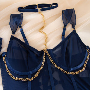 Pure desire cute perspective mesh skirt with chain halter neck with gloves four sets lingerie set - Negative Apparel