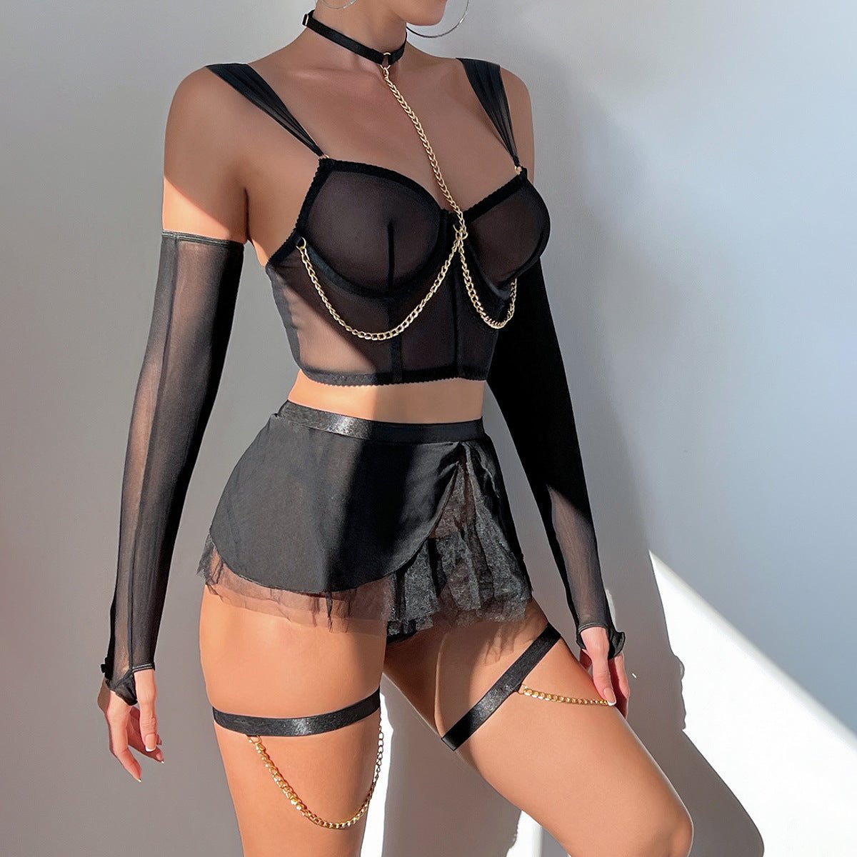 Pure desire cute perspective mesh skirt with chain halter neck with gloves four sets lingerie set - Negative Apparel