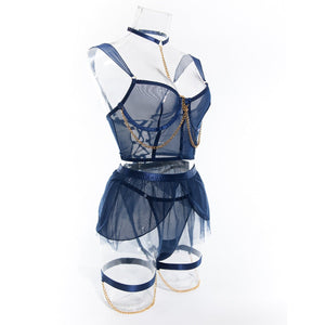 Pure desire cute perspective mesh skirt with chain halter neck with gloves four sets lingerie set - Negative Apparel