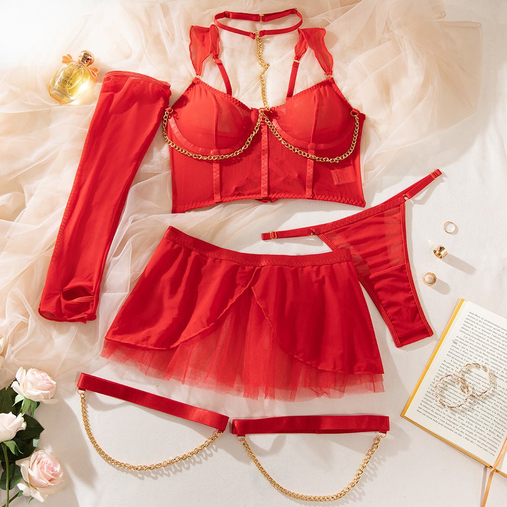 Pure desire cute perspective mesh skirt with chain halter neck with gloves four sets lingerie set - Negative Apparel