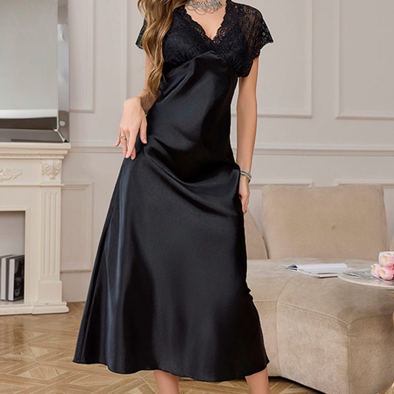 pure desire wind long nightdress women's summer ice silk sexy V - neck lace short - sleeved split pajamas loungewear 22289 - Negative Apparel