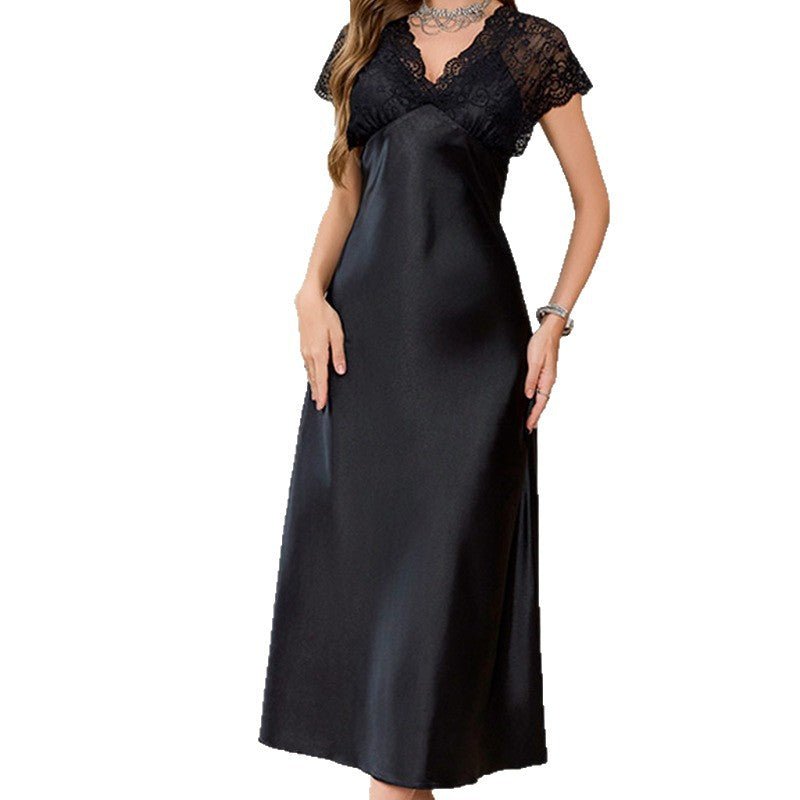 pure desire wind long nightdress women's summer ice silk sexy V - neck lace short - sleeved split pajamas loungewear 22289 - Negative Apparel