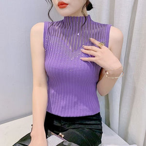 Qu Bead Popular Spring and Summer Fashion Mesh Sleeveless Bottom Vest Xiaoxiangfeng Hot Diamond Versatile Slim - fit Pullover - Negative Apparel