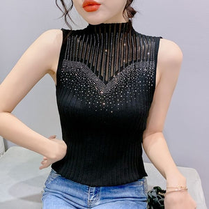 Qu Bead Popular Spring and Summer Fashion Mesh Sleeveless Bottom Vest Xiaoxiangfeng Hot Diamond Versatile Slim - fit Pullover - Negative Apparel