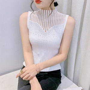 Qu Bead Popular Spring and Summer Fashion Mesh Sleeveless Bottom Vest Xiaoxiangfeng Hot Diamond Versatile Slim - fit Pullover - Negative Apparel