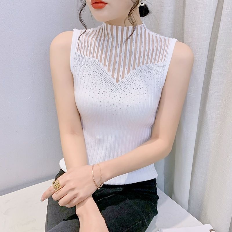 Qu Bead Popular Spring and Summer Fashion Mesh Sleeveless Bottom Vest Xiaoxiangfeng Hot Diamond Versatile Slim - fit Pullover - Negative Apparel