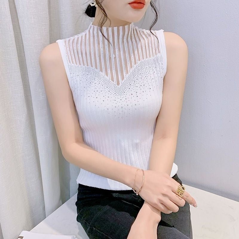 Qu Bead Popular Spring and Summer Fashion Mesh Sleeveless Bottom Vest Xiaoxiangfeng Hot Diamond Versatile Slim - fit Pullover - Negative Apparel