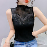 Qu Bead Popular Spring and Summer Fashion Mesh Sleeveless Bottom Vest Xiaoxiangfeng Hot Diamond Versatile Slim - fit Pullover - Negative Apparel