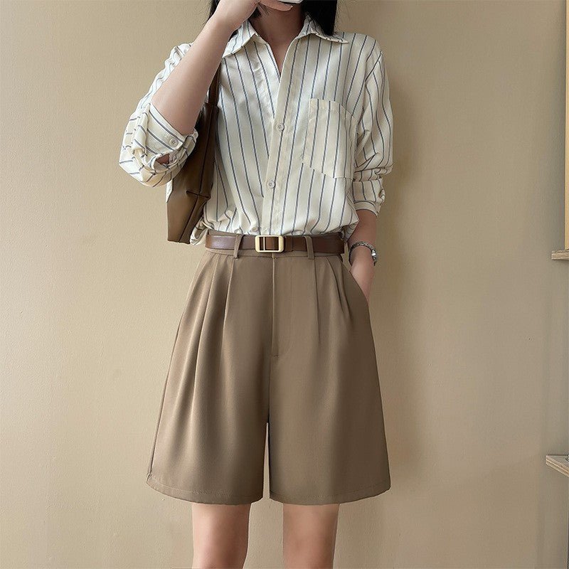 [Quality hemming] Suit shorts women's summer wear loose high waist wide leg pants straight casual five - point pants - Negative Apparel