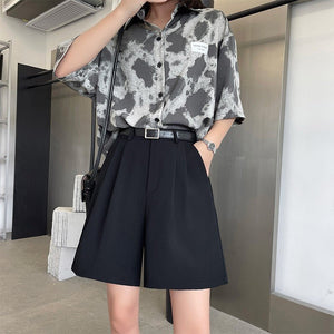 [Quality hemming] Suit shorts women's summer wear loose high waist wide leg pants straight casual five - point pants - Negative Apparel