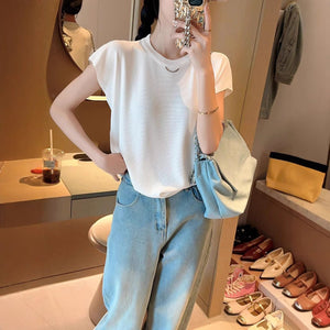 Quzhu knitted sweater women's thin T-shirt summer new solid color flying sleeves loose and thin round neck short - sleeved top tide - Negative Apparel