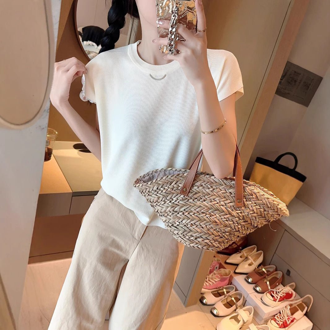Quzhu knitted sweater women's thin T-shirt summer new solid color flying sleeves loose and thin round neck short - sleeved top tide - Negative Apparel