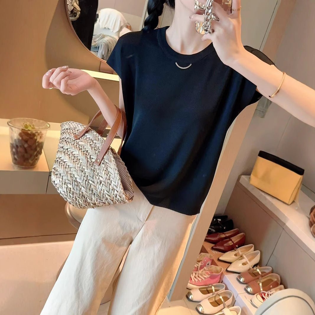 Quzhu knitted sweater women's thin T-shirt summer new solid color flying sleeves loose and thin round neck short - sleeved top tide - Negative Apparel