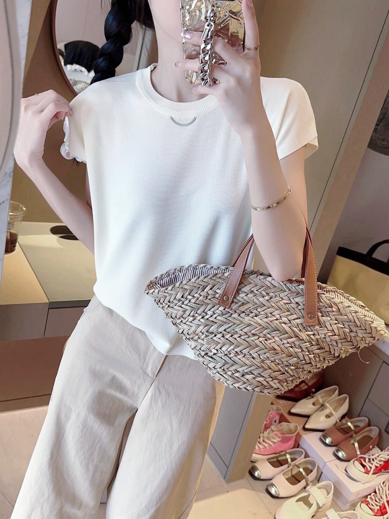 Quzhu knitted sweater women's thin T-shirt summer new solid color flying sleeves loose and thin round neck short - sleeved top tide - Negative Apparel