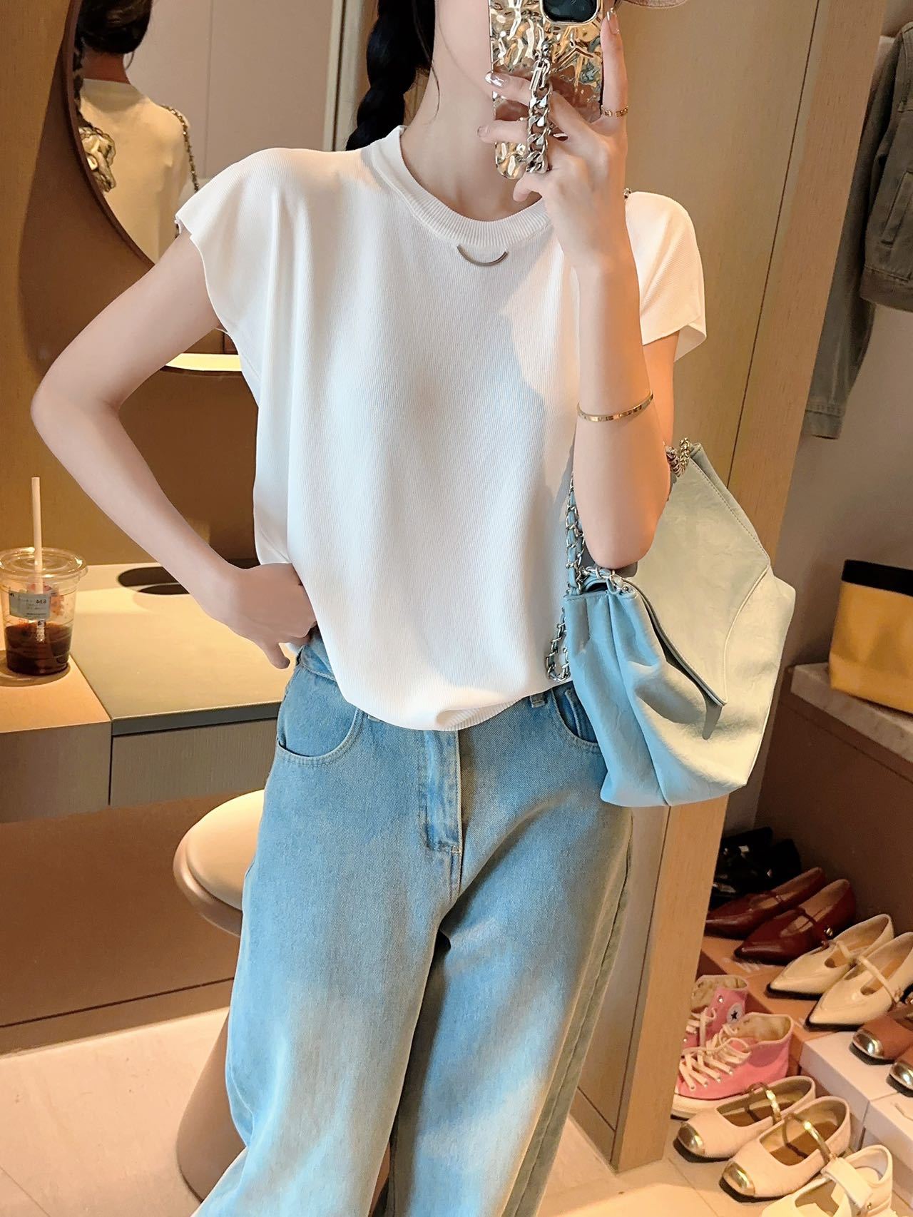 Quzhu knitted sweater women's thin T-shirt summer new solid color flying sleeves loose and thin round neck short - sleeved top tide - Negative Apparel