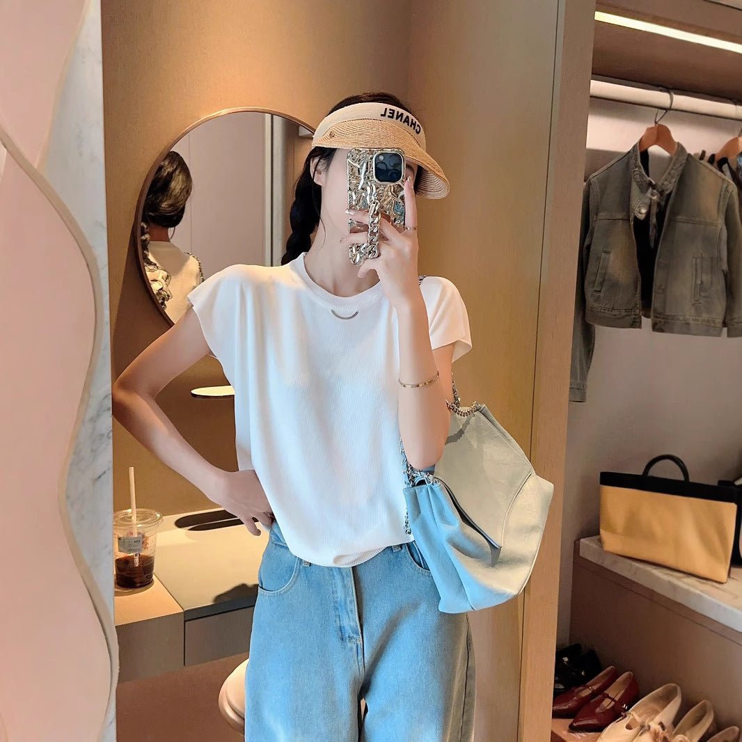Quzhu knitted sweater women's thin T-shirt summer new solid color flying sleeves loose and thin round neck short - sleeved top tide - Negative Apparel