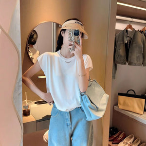 Quzhu knitted sweater women's thin T-shirt summer new solid color flying sleeves loose and thin round neck short - sleeved top tide - Negative Apparel
