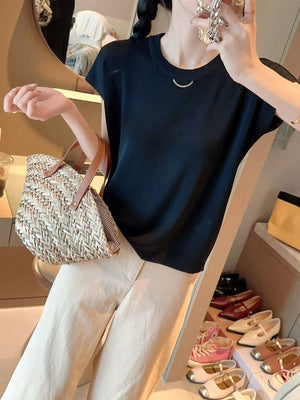 Quzhu knitted sweater women's thin T-shirt summer new solid color flying sleeves loose and thin round neck short - sleeved top tide - Negative Apparel