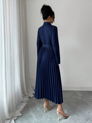 Rafferiza Casual And Versatile Elegant Commuting Dress With A Patchwork Suit Collar, Long Sleeves, , Waist - Cinching Pleated Dress FD - Negative Apparel