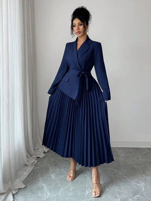 Rafferiza Casual And Versatile Elegant Commuting Dress With A Patchwork Suit Collar, Long Sleeves, , Waist - Cinching Pleated Dress FD - Negative Apparel