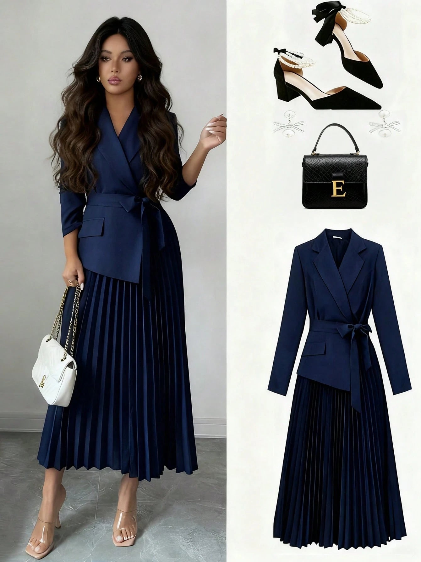Rafferiza Casual And Versatile Elegant Commuting Dress With A Patchwork Suit Collar, Long Sleeves, , Waist - Cinching Pleated Dress FD - Negative Apparel