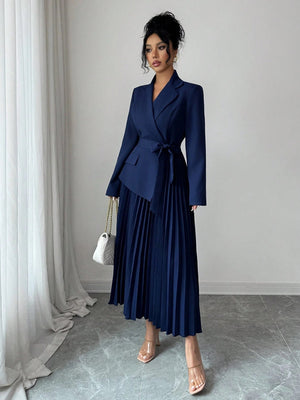 Rafferiza Casual And Versatile Elegant Commuting Dress With A Patchwork Suit Collar, Long Sleeves, , Waist - Cinching Pleated Dress FD - Negative Apparel