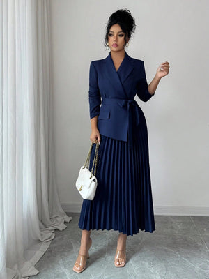 Rafferiza Casual And Versatile Elegant Commuting Dress With A Patchwork Suit Collar, Long Sleeves, , Waist - Cinching Pleated Dress FD - Negative Apparel