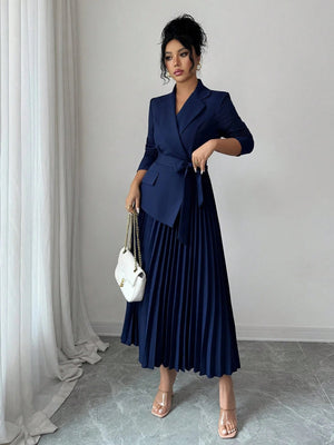 Rafferiza Casual And Versatile Elegant Commuting Dress With A Patchwork Suit Collar, Long Sleeves, , Waist - Cinching Pleated Dress FD - Negative Apparel