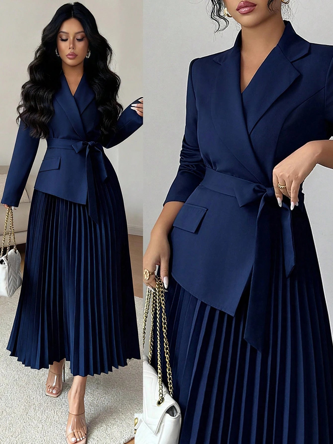Rafferiza Casual And Versatile Elegant Commuting Dress With A Patchwork Suit Collar, Long Sleeves, , Waist - Cinching Pleated Dress FD - Negative Apparel