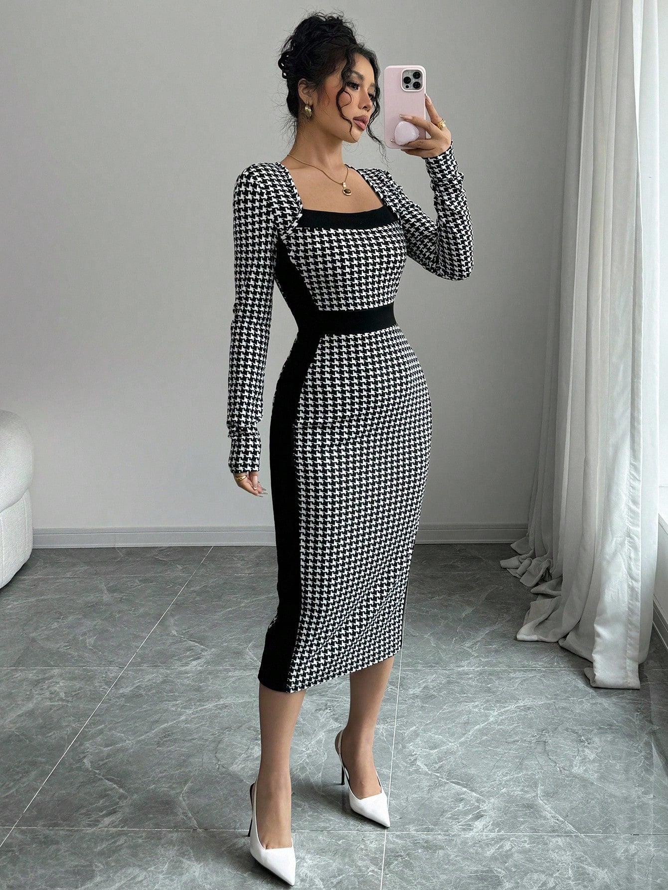 Rafferiza Unique Waist Slimming Retro Square Collar High - End Sophisticated Houndstooth Long Sleeve Dress For Women, Random Floral Pattern Fall Cloth For Women - Negative Apparel