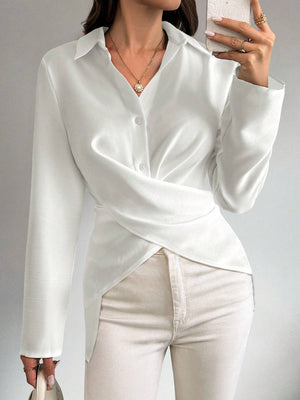 Raffinéa Women's Solid Color Shirt Collar Long Sleeve Button Front Casual Blouse - Negative Apparel