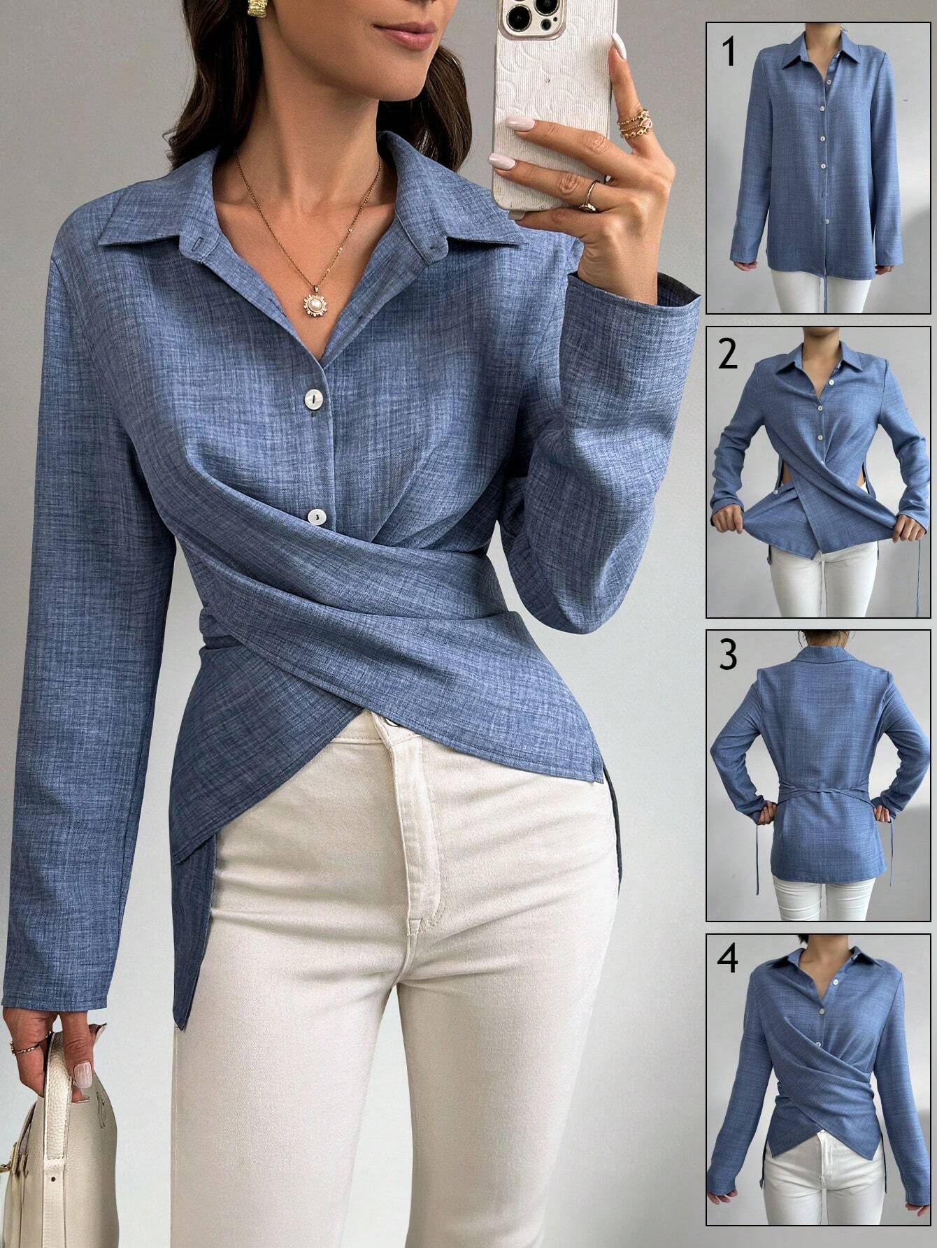 Raffinéa Women's Solid Color Shirt Collar Long Sleeve Button Front Casual Blouse - Negative Apparel