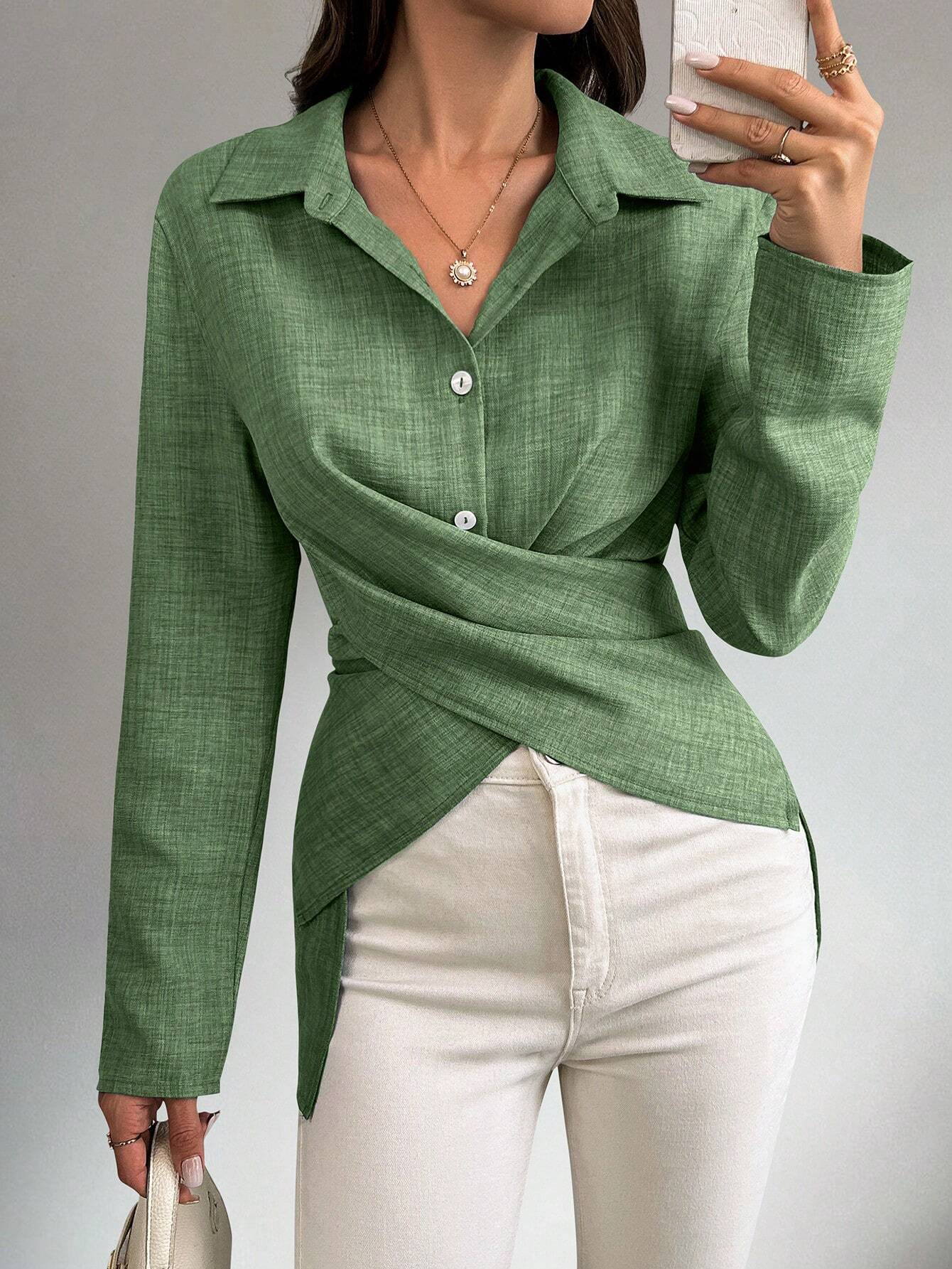 Raffinéa Women's Solid Color Shirt Collar Long Sleeve Button Front Casual Blouse - Negative Apparel