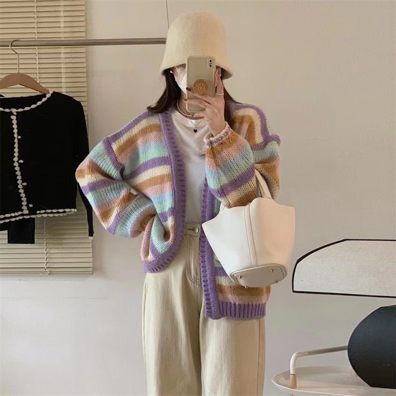 Rainbow stripe knitted sweater Korean loose contrast color cardigan - Negative Apparel