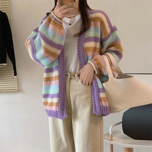 Rainbow stripe knitted sweater Korean loose contrast color cardigan - Negative Apparel