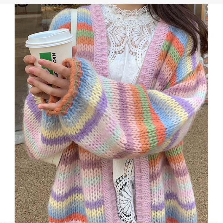 Rainbow stripe knitted sweater Korean loose contrast color cardigan - Negative Apparel