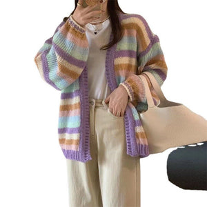 Rainbow stripe knitted sweater Korean loose contrast color cardigan - Negative Apparel