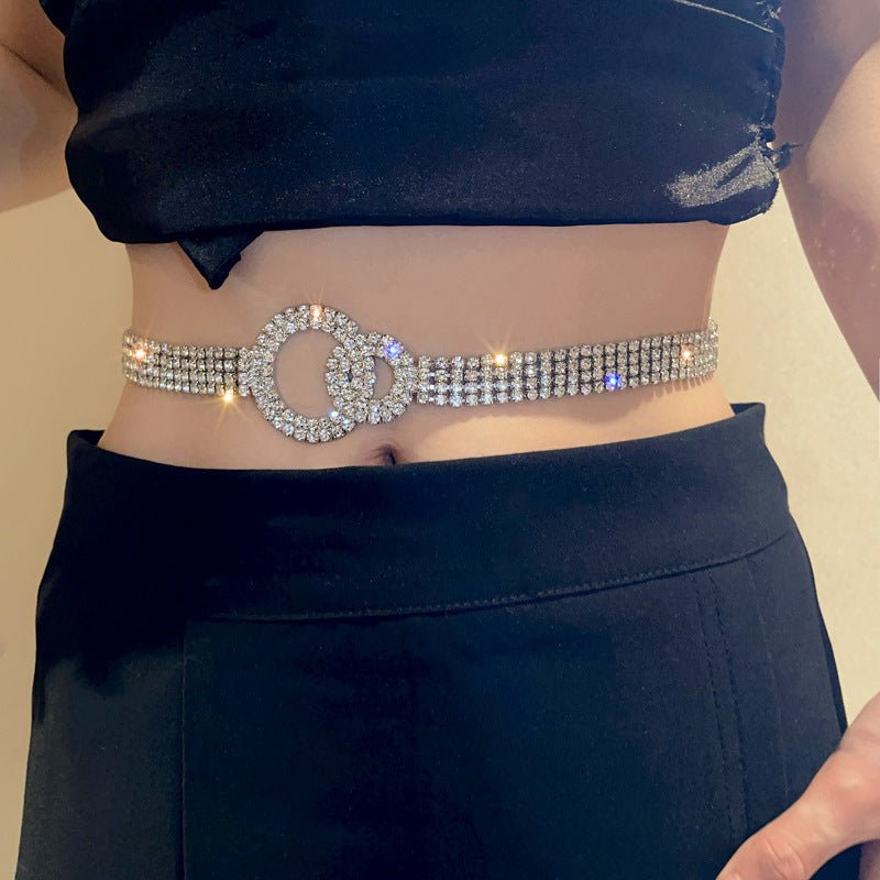 Retro fashion rhinestone waist chain double ring diamond chain belt - Negative Apparel