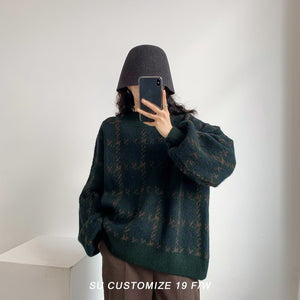 Retro knitted sweater Korean style women's round neck pullover loose long sleeve houndstooth sweater for women - Negative Apparel