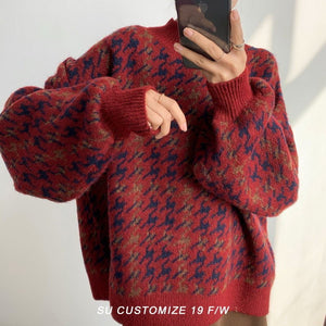 Retro knitted sweater Korean style women's round neck pullover loose long sleeve houndstooth sweater for women - Negative Apparel