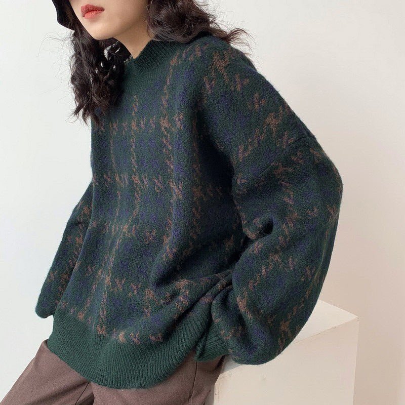 Retro knitted sweater Korean style women's round neck pullover loose long sleeve houndstooth sweater for women - Negative Apparel