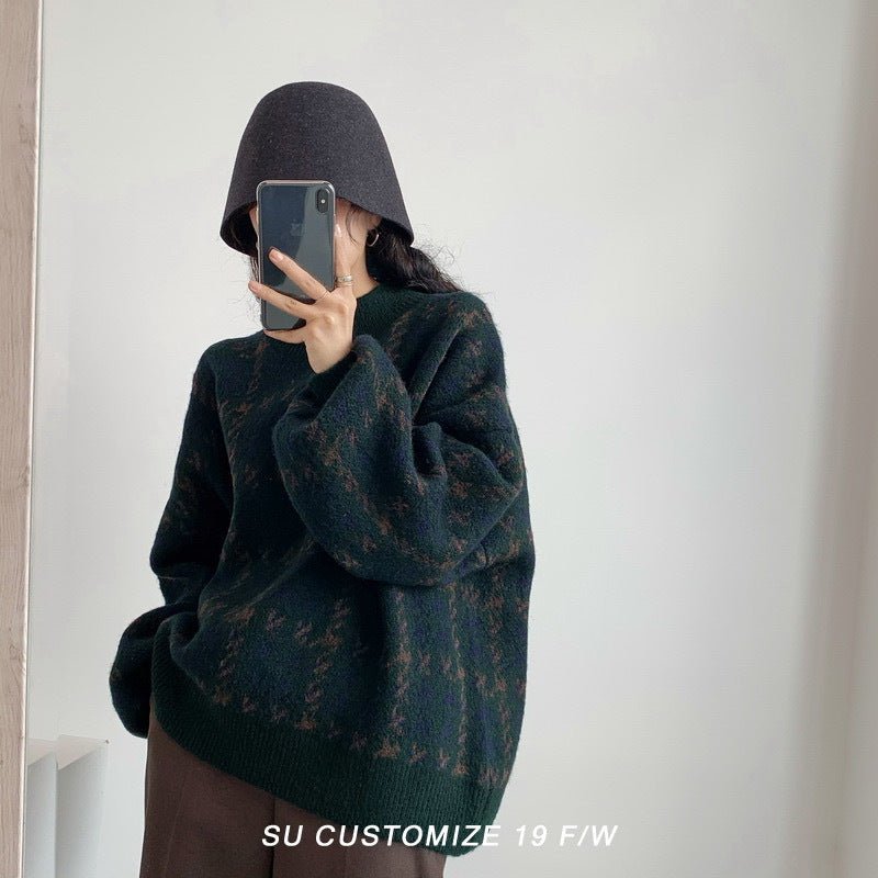 Retro knitted sweater Korean style women's round neck pullover loose long sleeve houndstooth sweater for women - Negative Apparel