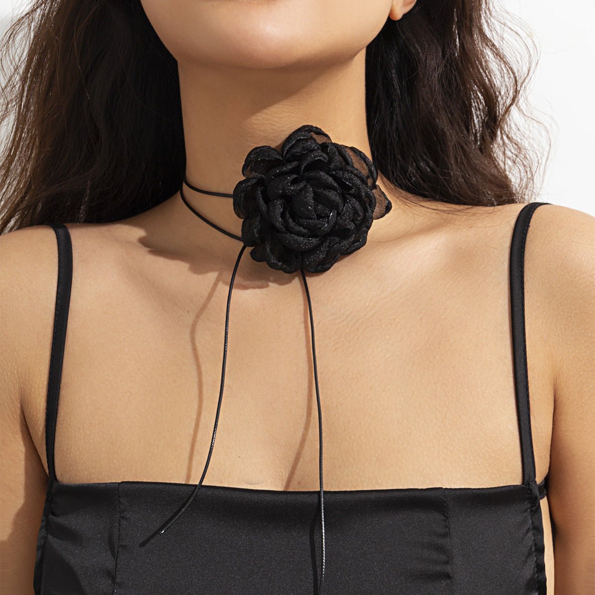 Retro pull - out choker fabric flower collar simple wax line ribbon tassel necklace - Negative Apparel