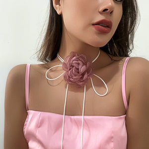 Retro pull - out choker fabric flower collar simple wax line ribbon tassel necklace - Negative Apparel