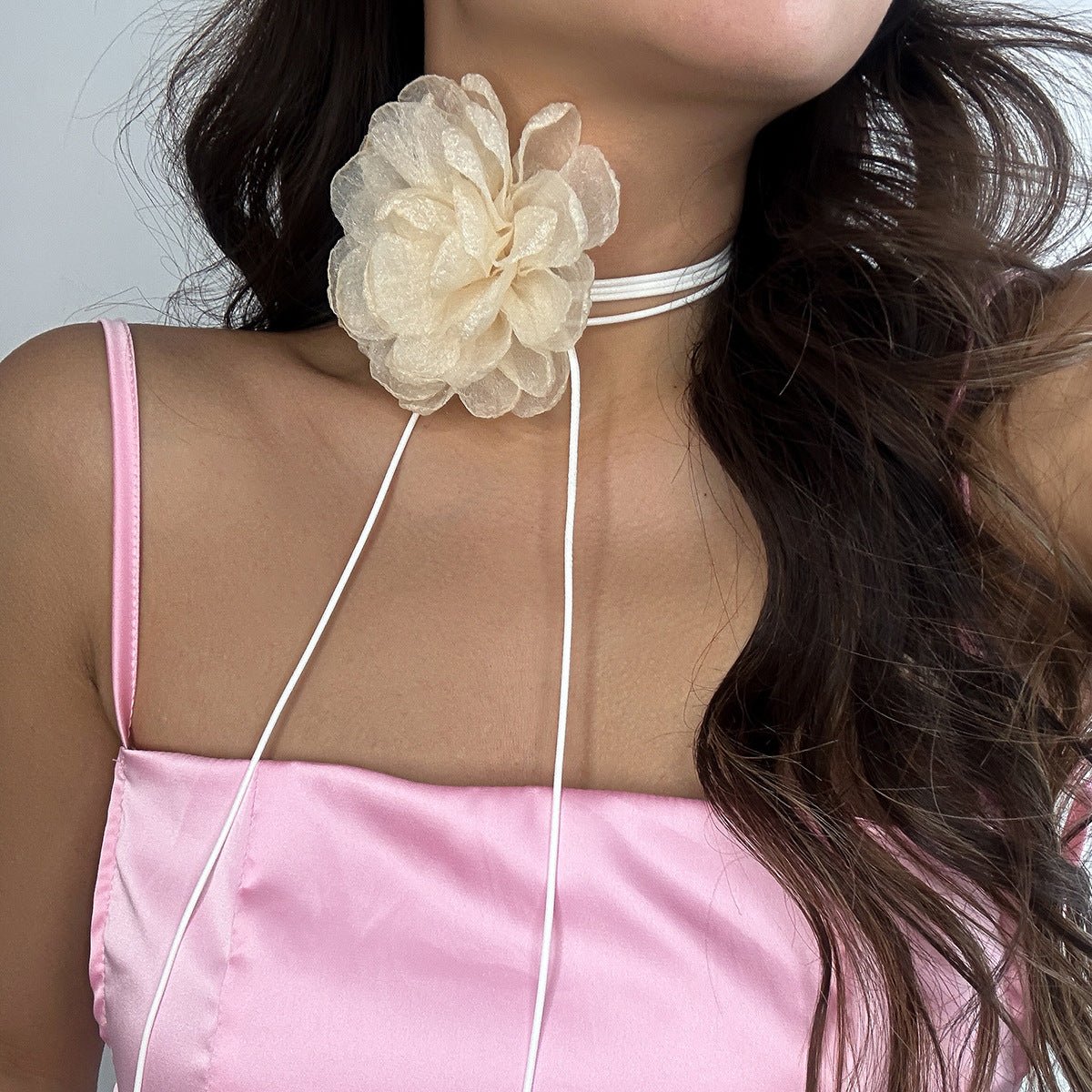 Retro pull - out choker fabric flower collar simple wax line ribbon tassel necklace - Negative Apparel