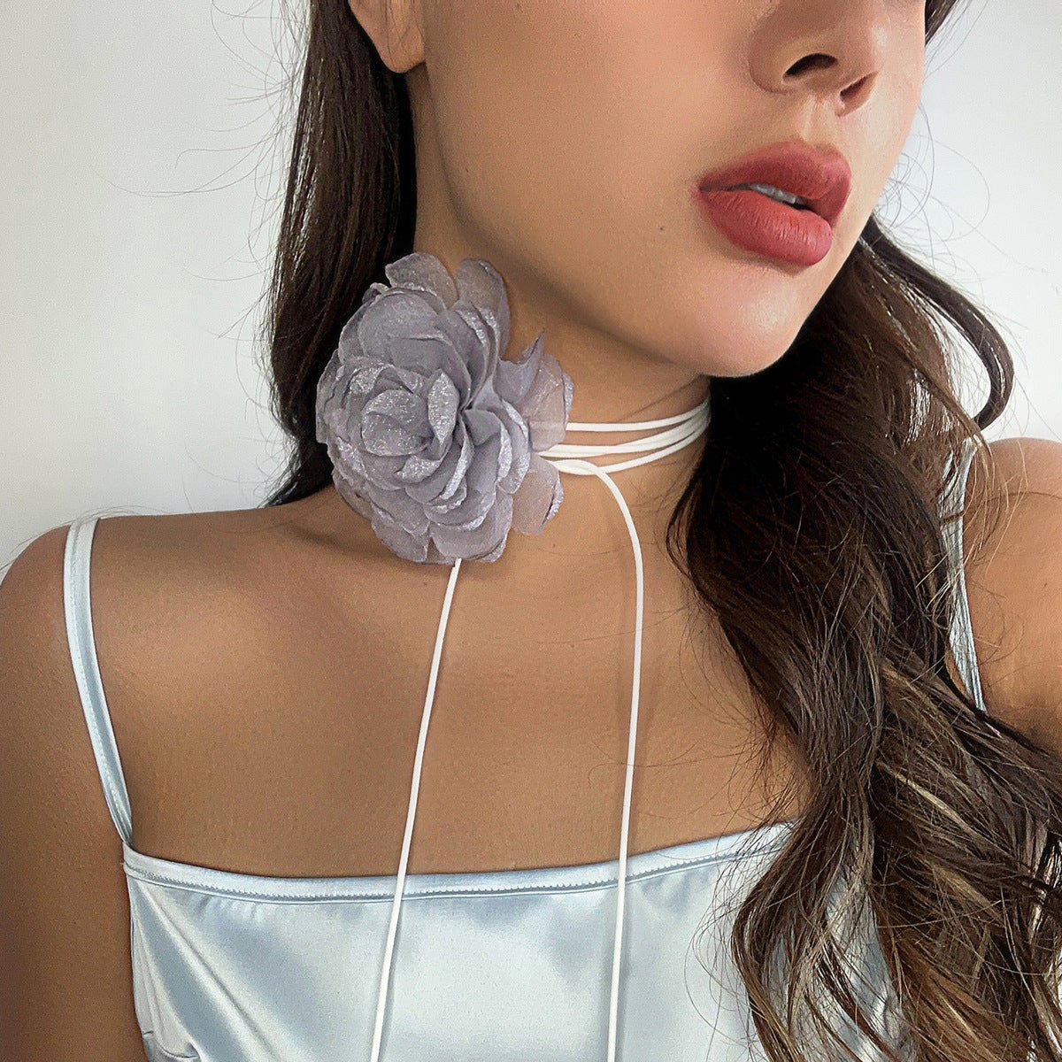 Retro pull - out choker fabric flower collar simple wax line ribbon tassel necklace - Negative Apparel