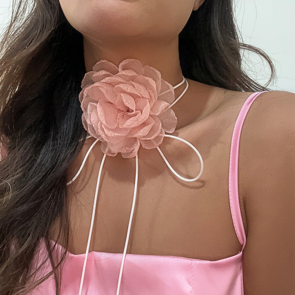 Retro pull - out choker fabric flower collar simple wax line ribbon tassel necklace - Negative Apparel