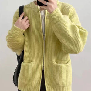 Retro solid color lazy style pit double zipper knitted cardigan - Negative Apparel