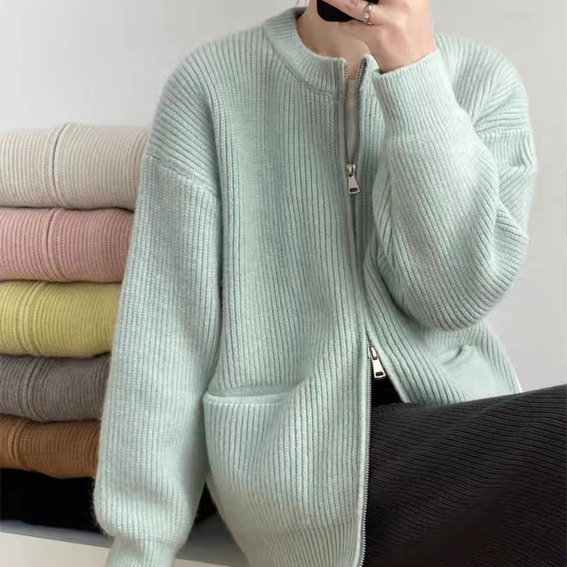 Retro solid color lazy style pit double zipper knitted cardigan - Negative Apparel